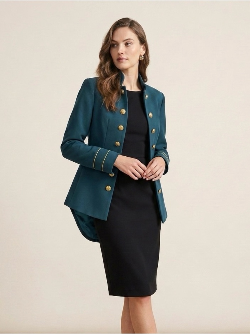 Teal Military-Style Women's Jacket with Gold Buttons